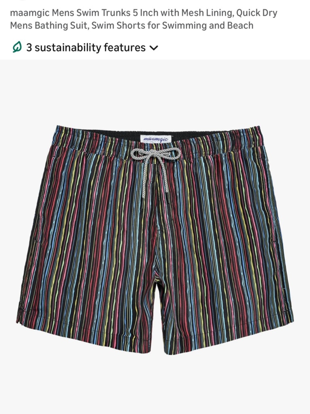 Black Swim Trunks with Multicolor Vertical Stripes